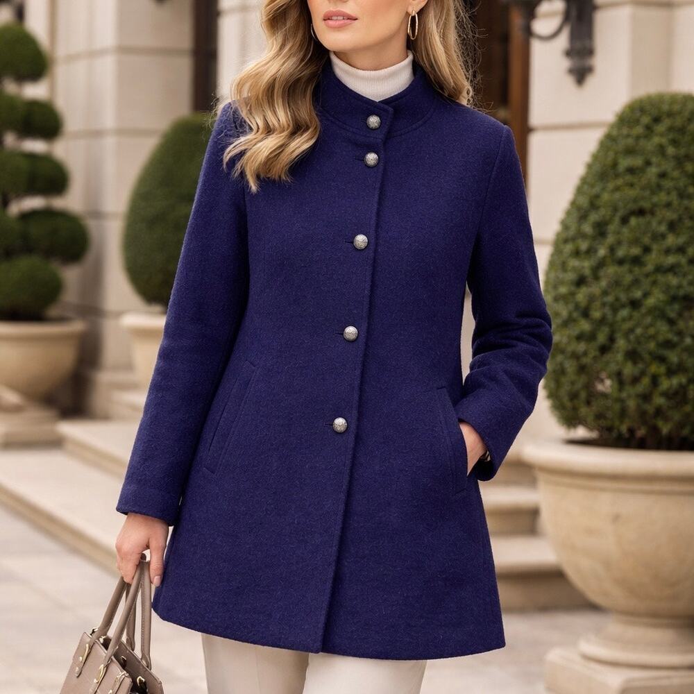 Geiger Made in Austria Boiled Wool Navy Blue Coat Accent Button Sz 34 Old Money